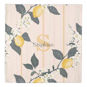Vintage Lemons & Blooms on Pink Stripes Duvet Cover