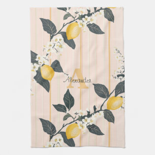 Vintage Lemons & Blooms on Pink Stripes Kitchen Towel