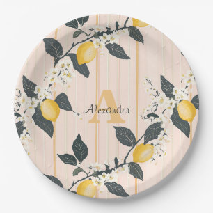Vintage Lemons & Blooms on Pink Stripes Paper Plates
