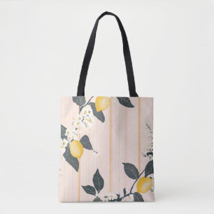 Vintage Lemons & Blooms on Pink Stripes Tote Bag