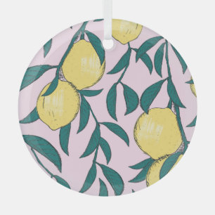 Vintage Lemons: Hand-Drawn Watercolor Pattern. Glass Ornament