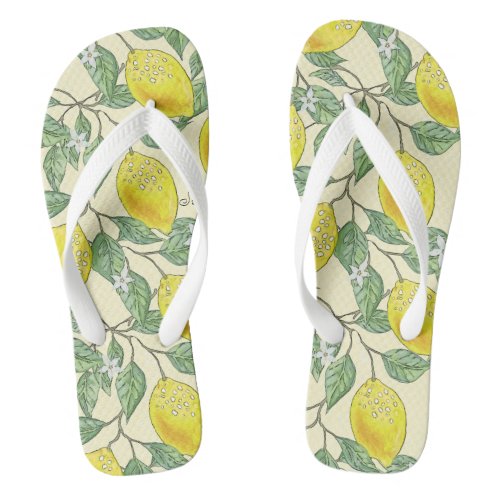 Vintage Lemons Summer Citrus Fruit Pattern  Flip Flops