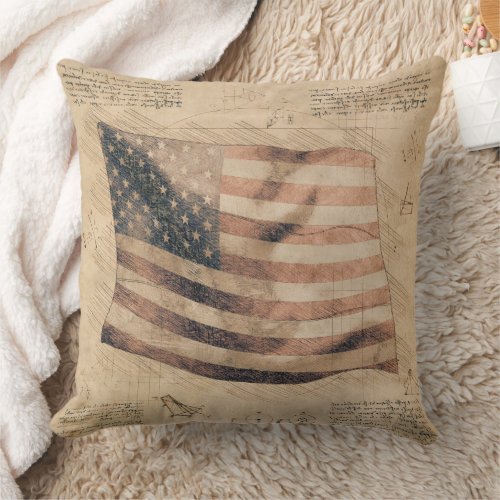 Vintage Leonardo Da Vinci USA Flag Reproduction Throw Pillow