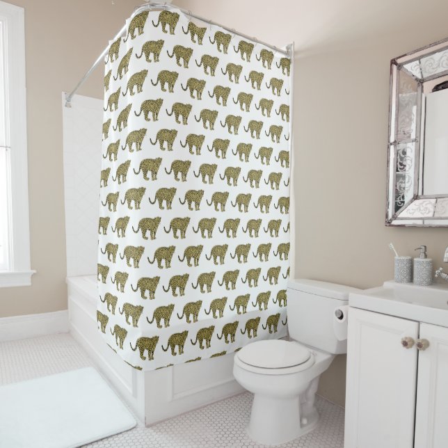 Vintage Leopard Cheetah Spotted Cat Drawing Shower Curtain (In Situ)