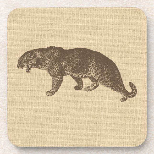 Vintage Leopard Illustration on Burlap  Beverage Coaster (Front)