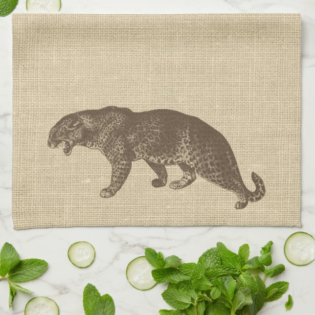Vintage Leopard Illustration on Burlap  Kitchen Towel (Folded)