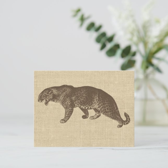Vintage Leopard Illustration on Burlap  Postcard (Standing Front)