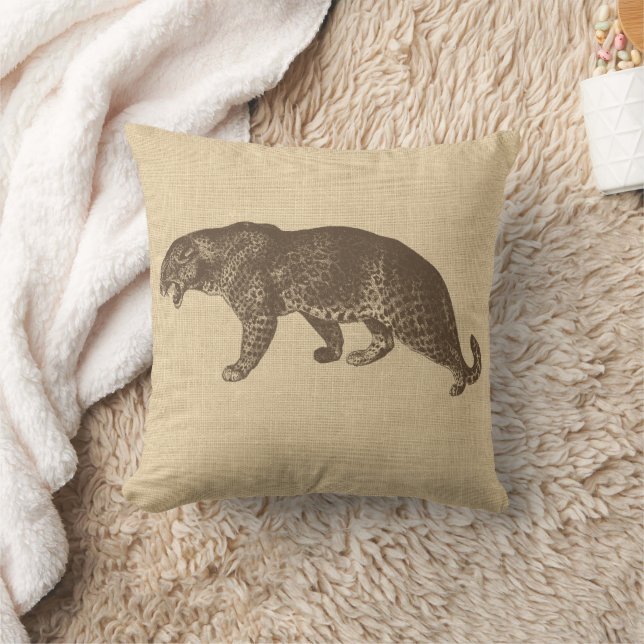 Vintage Leopard Illustration on Burlap  Throw Pillow (Blanket)