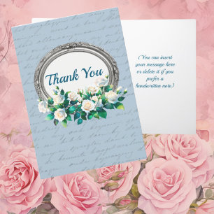 Vintage Letter and Roses Folded Personalized Blue Thank You Card