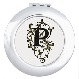 Vintage Letter 'P' Wrapped in Golden Vines Makeup Mirror