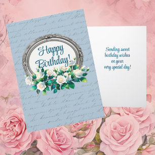 Vintage Letter Roses Blue Personalized Birthday Thank You Card