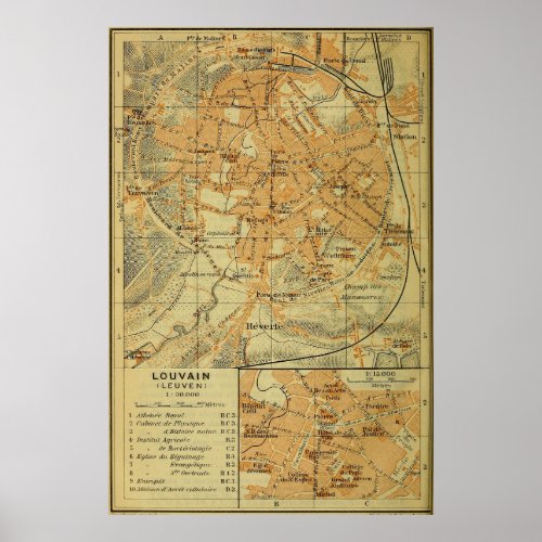 Vintage Leuven Belgium Map 1910 Poster