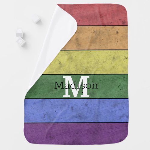 Vintage LGBT flag pride distresed rainbow Monogram Baby Blanket
