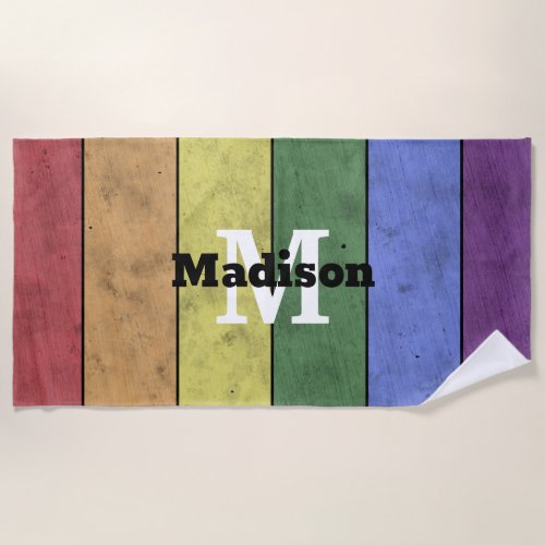 Vintage LGBT flag pride distresed rainbow Monogram Beach Towel