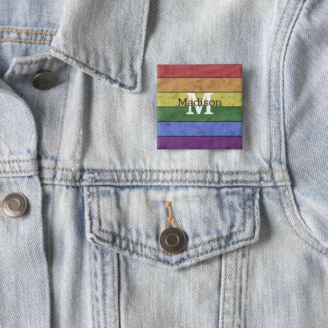 Vintage LGBT flag pride distresed rainbow Monogram Button (In Situ)