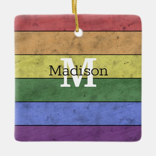 Vintage LGBT flag pride distresed rainbow Monogram Ceramic Ornament