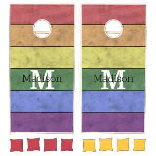 Vintage LGBT flag pride distresed rainbow Monogram Cornhole Set