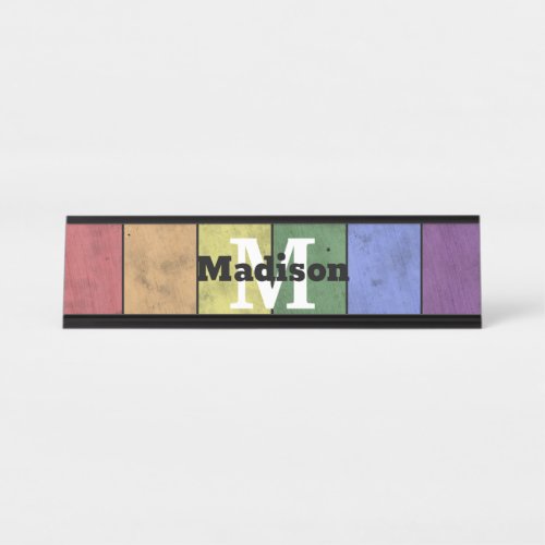 Vintage LGBT flag pride distresed rainbow Monogram Desk Name Plate