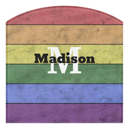 Vintage LGBT flag pride distresed rainbow Monogram Door Sign