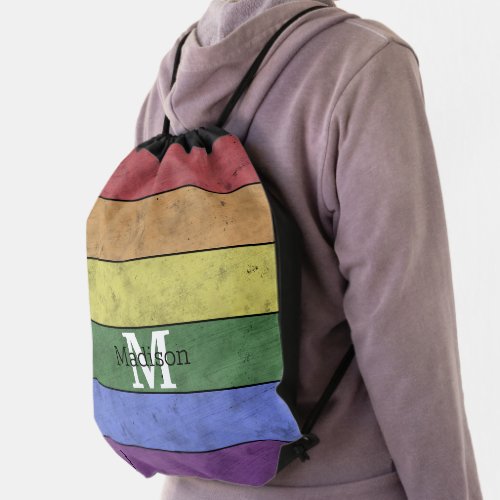 Vintage LGBT flag pride distresed rainbow Monogram Drawstring Bag