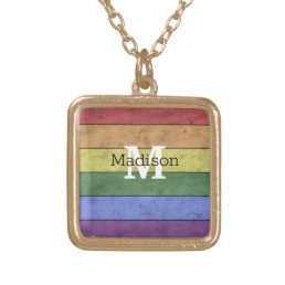 Vintage LGBT flag pride distresed rainbow Monogram Gold Plated Necklace