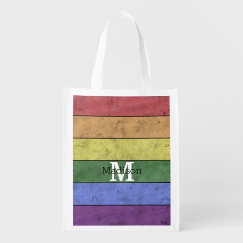 Vintage LGBT flag pride distresed rainbow Monogram Grocery Bag