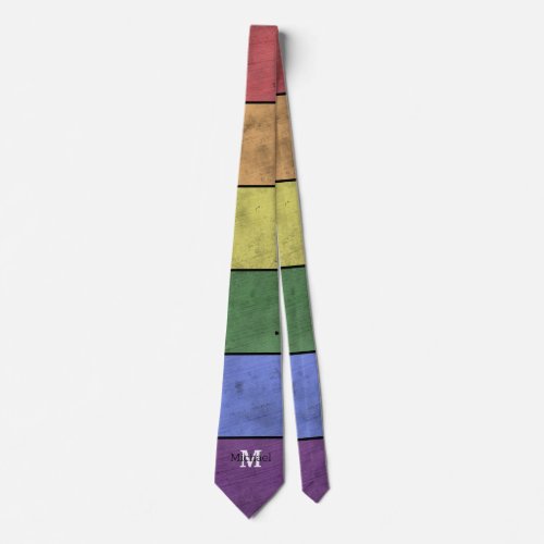 Vintage LGBT flag pride distresed Rainbow Monogram Neck Tie