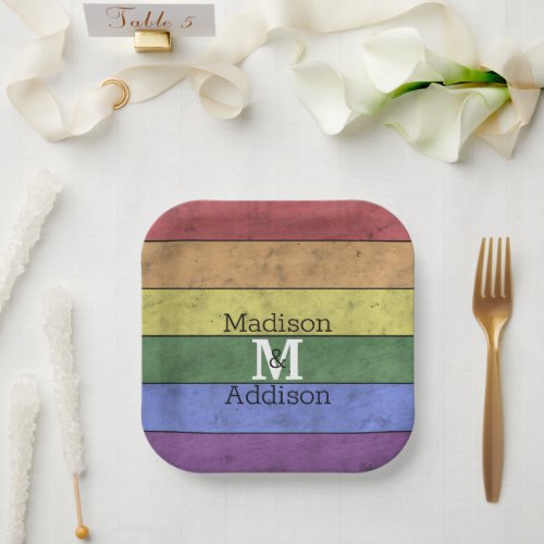 Vintage LGBT flag pride distresed rainbow Monogram Paper Plates