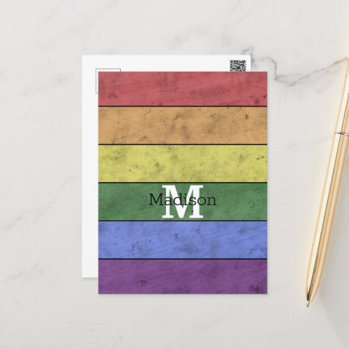 Vintage LGBT flag pride distresed rainbow Monogram Postcard