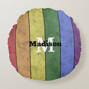 Vintage LGBT flag pride distresed rainbow Monogram Round Pillow