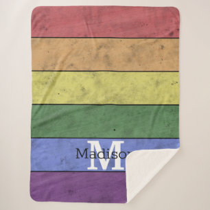 Vintage LGBT flag pride distresed rainbow Monogram Sherpa Blanket