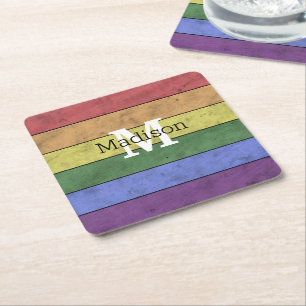 Vintage LGBT flag pride distresed rainbow Monogram Square Paper Coaster