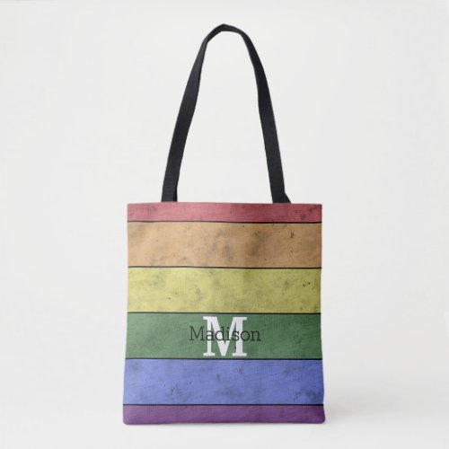 Vintage LGBT flag pride distresed rainbow Monogram Tote Bag