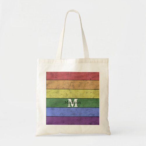 Vintage LGBT flag pride distresed rainbow Monogram Tote Bag