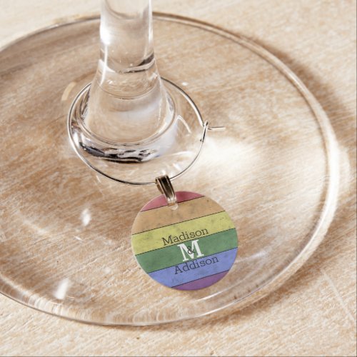 Vintage LGBT flag pride distresed rainbow Monogram Wine Charm