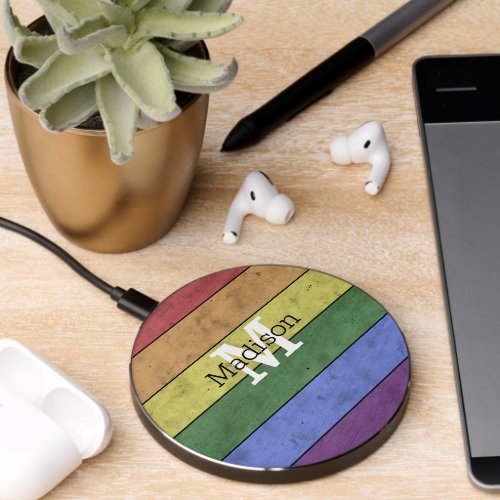 Vintage LGBT flag pride distresed rainbow Monogram Wireless Charger
