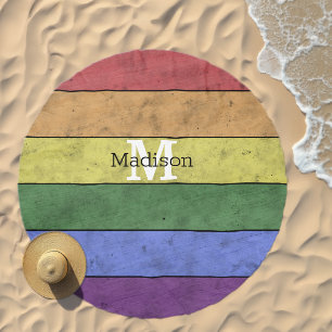 Vintage LGBT flag pride distressed black Monogram Beach Towel