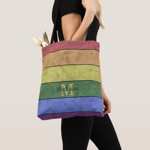 Vintage LGBT flag pride distressed black Monogram Tote Bag