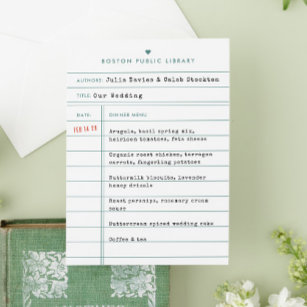 Vintage Library Book Check Out Card Wedding Menu