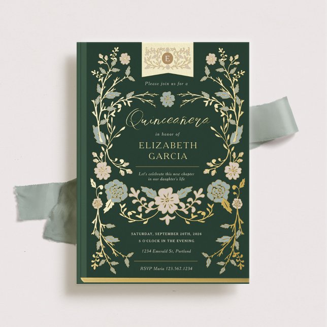 Vintage Library Book Elegant Green Quinceañera Foil Invitation (Creator Uploaded)