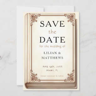 Vintage Library Book Elegant Scrollwork Fairytale Save The Date