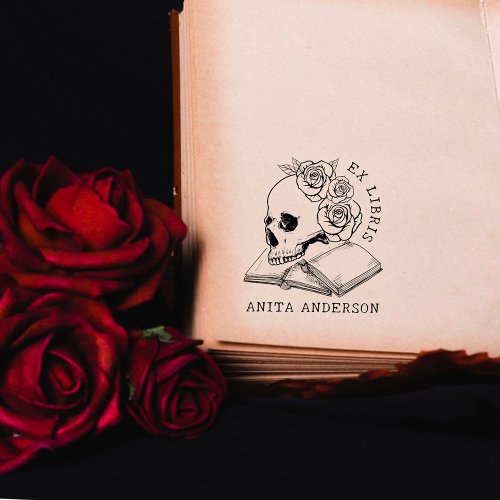 Vintage Library Books Gothic Skull  Roses Rubber Stamp