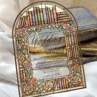 Vintage Library Books Stained Glass Arch Wedding Acrylic Invitations