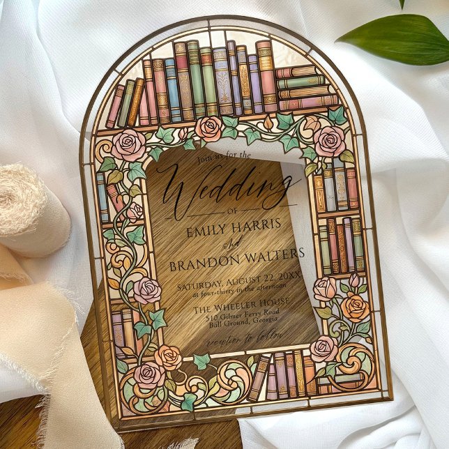 Vintage Library Books Stained Glass Arch Wedding Acrylic Invitations (Colorful pastel library books unique stained glass floral arch window simple wedding invitation)