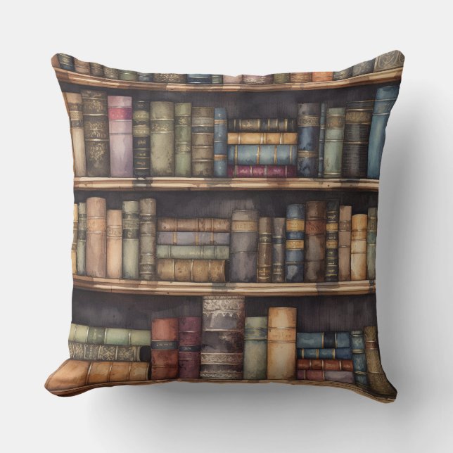 Vintage Library Bookshelf Throw Pillow (Front)