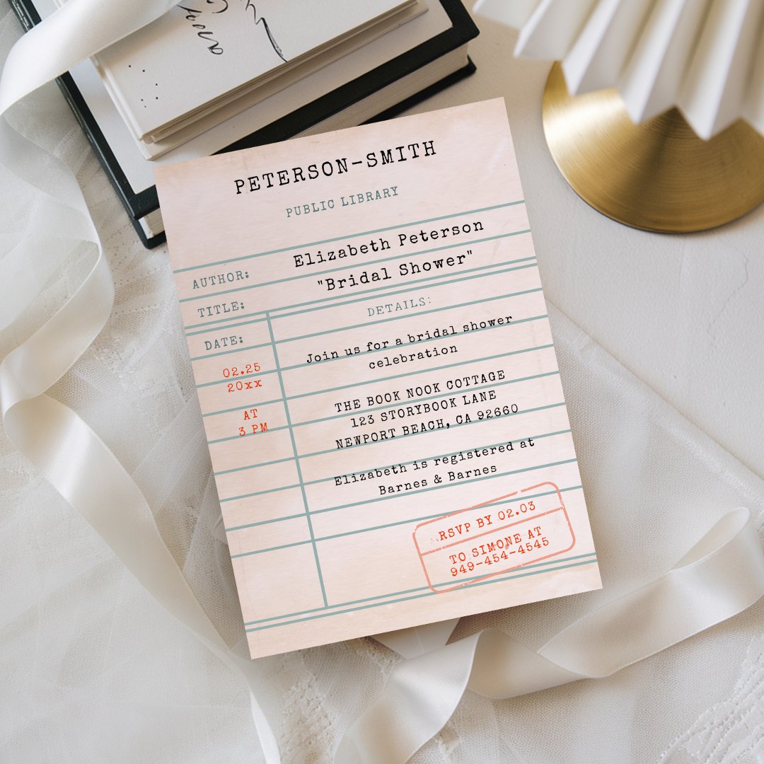 Vintage Library Card Book Lover Chic Bridal                    Shower