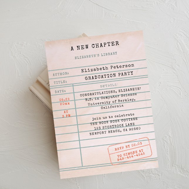 Vintage Library Card Book Lover Graduation Party (book lover graduation party invitation library card vintage pink bookworm literary librarian type)