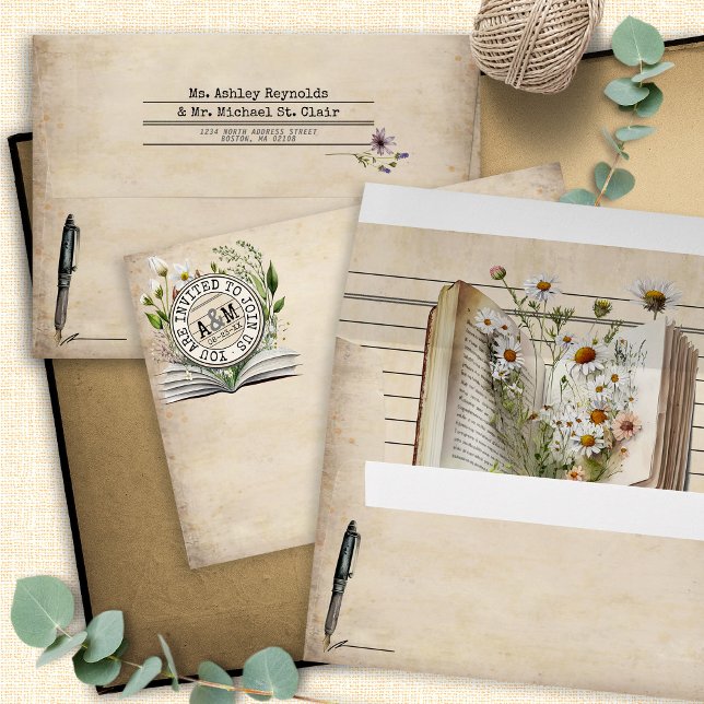 Vintage Library Card Books Wedding Invitation Envelope (Vintage library card  watercolor floral book return addressed monogram wedding invitation envelope)