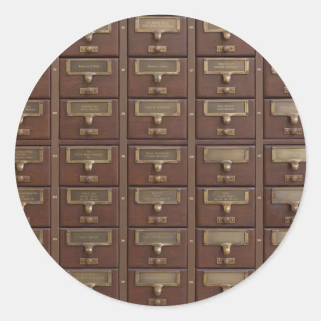 Vintage Library Card Catalog Drawers Classic Round Sticker Zazzle