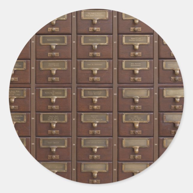 Vintage Library Card Catalog Drawers Classic Round Sticker (Front)